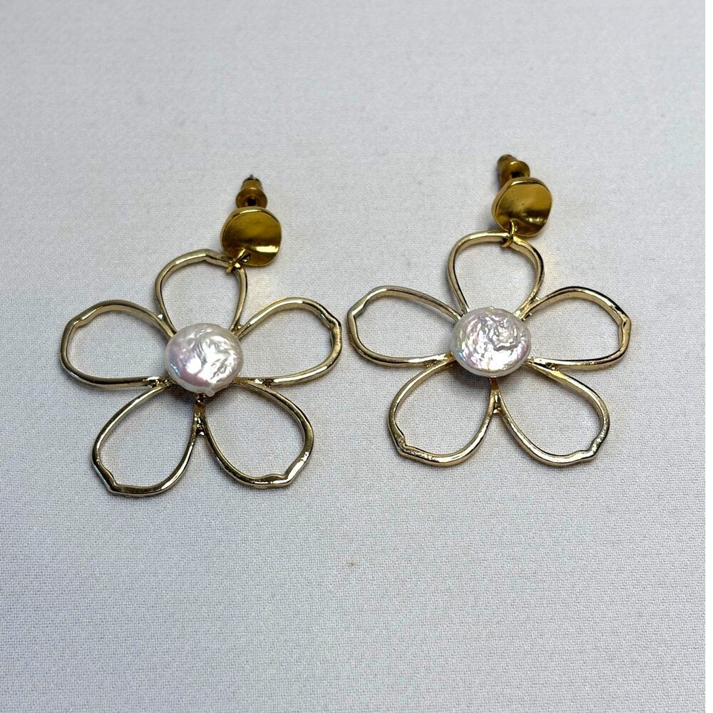 Karine Sultan Flower Bloom Drop Earrings Gold Open Flower Pearl Center